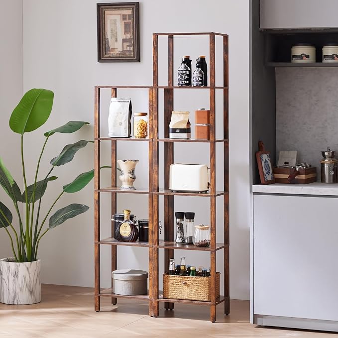 YUFAM 54in Tall Bookshelf 5-Tier Small Narrow Bookcase, Skinny Book Shelf for Small Space, Farmhouse Slim Shelf with Storage, Wood Freestanding Display Thin Bookshelves for Living Room, Office, Brown