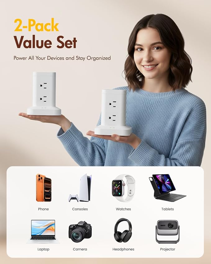 2 Pack Power Strip Tower with Surge Protector 1800J, Fast Charging Tower PD20W USB-C Ports with 8 AC Outlets, 6ft Extension Cord for Home Office Dorm Room, White
