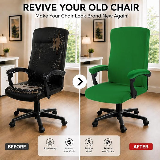 Stretch Computer Office Chair Cover with Armrest Covers Durable Zipper Universal Washable Removable Spandex Rotating Boss Chair Slipcovers Anti-dust Soft Desk Chair Seat Protector (Green)