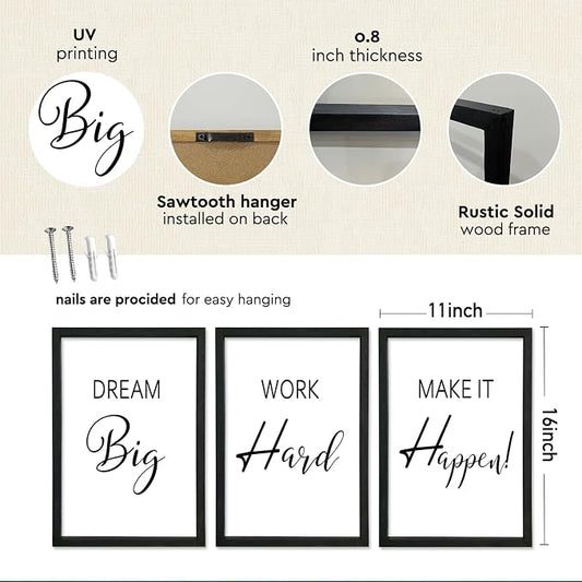 Motivational Wall Art for Office Decor 11x16–Wood Frame Set of 3, Dream Big | Work Hard Make It Happen Sign,Home Office,Black Frame