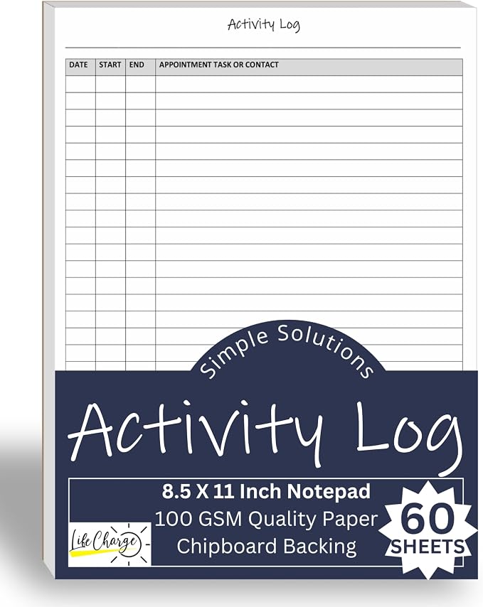Life Charge Activity Log Notepad for Work, Daily Time Tracking Log Book with Task & Notes, 60 Pages, 8.5 x 11 Letter, Portrait