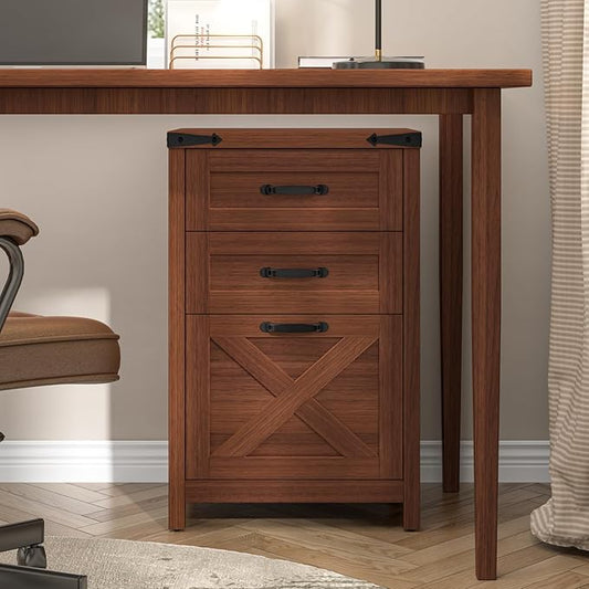 Halitaa 3 Drawer Small File Cabinet, Farmhouse Vertical Filing Cabinet Fits Letter and A4 Size, Under Desk Wooden File Cabinets for Home Office, Printer Stand, Walnut