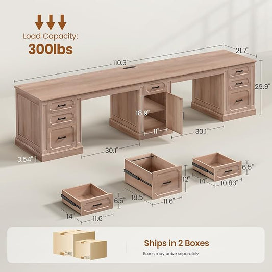 SEDETA Farmhouse 110.3" Two Person Desk with 7 Drawers, Long Computer Desk with Storage Cabinet, 2 Person Desk with Power Outlets for Home Office, Oak