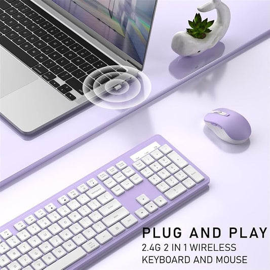 Wireless Keyboard and Mouse, 2.4GHz Cordless Keyboard Mouse Combo, Optical Mouse, Plug and Play USB Receiver, Compatible with Windows, Mac, Laptop, and PC(White Purple)