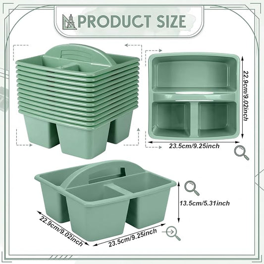 Geetery 12 Pack Eucalyptus Green Plastic Portable Storage Caddy, Sturdy 3 Compartment Table Organizer Caddy with Handle for Home Office Bathroom Countertop Vanity Desk Utility Supplies Storage