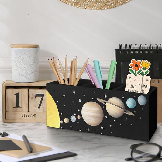 Black Space Themed Bedroom Decor Gift for Kids Men, Outer Space Decor Wooden Pen Pencil Holder for Desk, The Solar System Wood Makeup Brush Toothbrush Holder Organizer for Library Bedroom