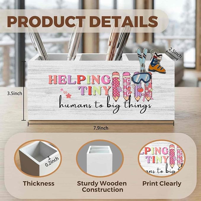 Teacher Pencil Pen Holder for Desk Organizer, Teacher Appreciation Gifts, Helping Tiny Humans to Big Things Wooden Box Decorations for Home Office Classroom Desk Tabletop Decor