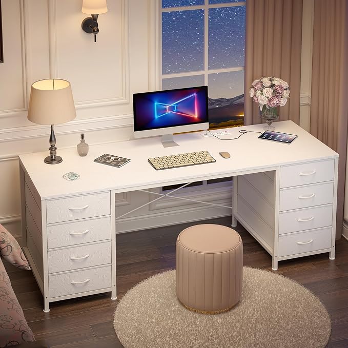 YOMILUVE 60 Inch Computer Desk with 8 Drawers, Home Office Desk with Power Outlets, Work Study Gaming Desk with 8 Fabric Drawers