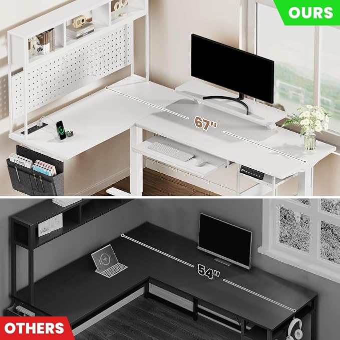 Flycity Electric L Shaped Standing Desk Adjustable Height, 67" x 47" Corner Computer Desk with Host Shelf, Gaming Desk with LED Lights & Power Outlet, Dual Motor Home Office Desk with Storage, White