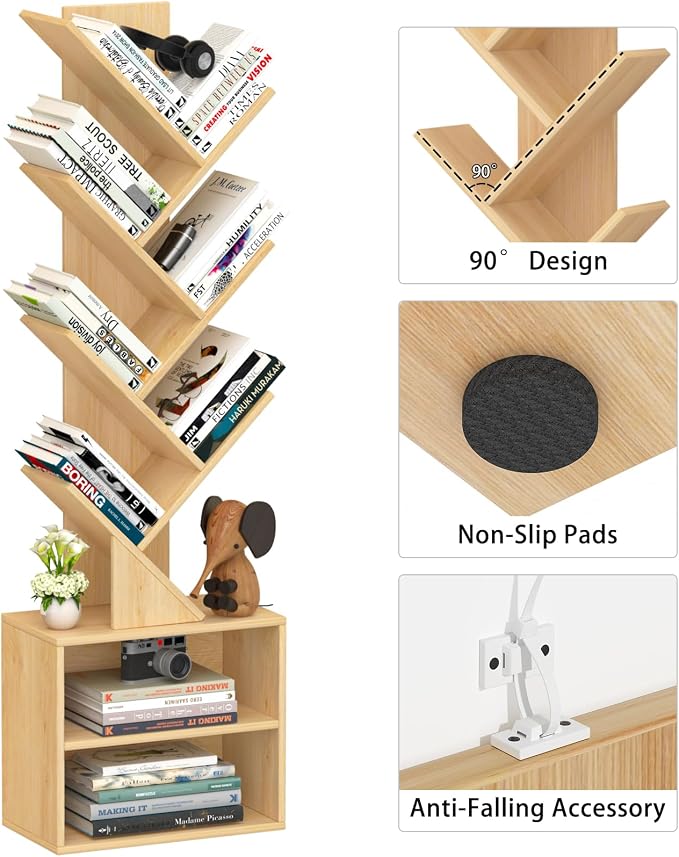 SHEEPAM 10 Tier Tree Bookshelf,Christmas Green Bookcase for Narrow Space, Storage Organizer Floor Standing Bookshelves for Books, Tall Book Case for Home Office, Living Room, Bedroom