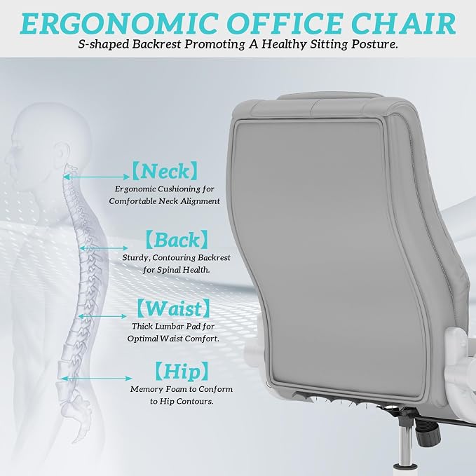 GYI High Back Executive Office Desk Chair, Leather Computer Chair, Grey | 2.6"Rubber Wheels, Flip-up Arms, Heavy Duty Base, Thick Padded Seat, Lumbar Support, Home, Conference Rooms, Reception Areas