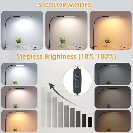 ShineTech LED Desk Lamp with Clamp, Eye-Caring Clip on Desk Light with 3 Color Modes & Stepless Dimming, 360° Flexible Gooseneck Desk Lamp for Home Office College Dorm with USB Adapter