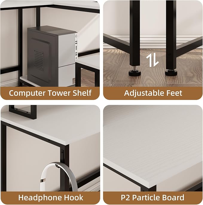 Mexin Double Desk for Two People - 83.7 Inch 2 Person Desk with Storage Shelves and Power Outlets, Home Office Desk with Monitor Stand, Long Gaming Desk, Large Workstation, White