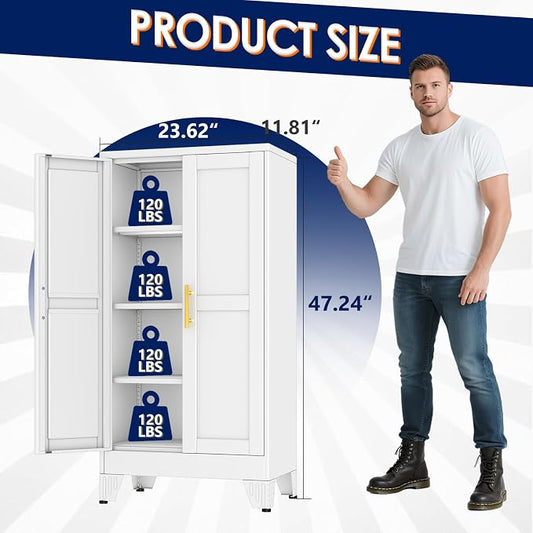 erosoei 47" H Metal Garage Storage Cabinet, Metal Pantry Cabinet with 2 Doors, Locker Steel Cabinet with 3 Adjustable Shelves, Freestanding Cupboard for Garage,Office,Home,Gym,School
