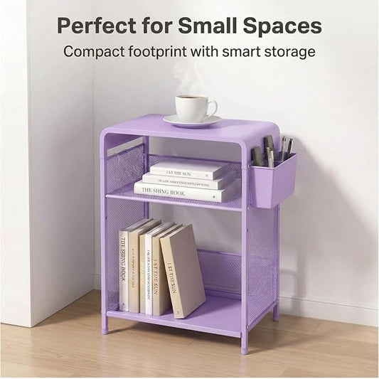 ECOLOVI 3 Tier Printer Stand for Under Desk, Height Adjustable Shelf Small Printer Table with 3 S-Hooks & Basket, Heavy Duty Industrial Storage Shelf for Home Office (Purple Metal)