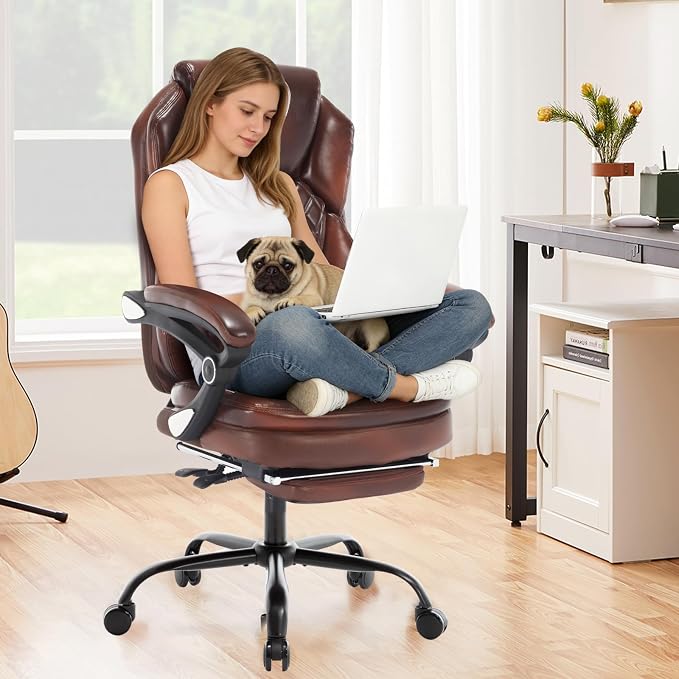 400lbs Reclining Office Desk Chair with Footrest, Managerial Executive Chair Lounge Chair for Office, Plus Size Brown Leather Recliner Office Chairs