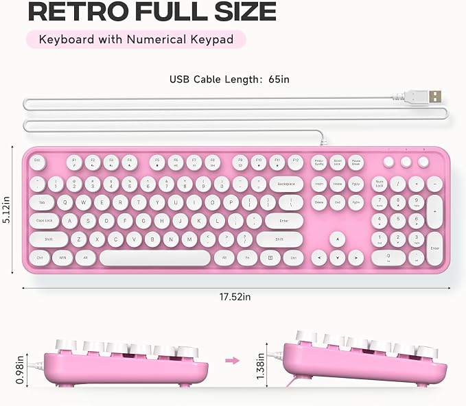 MOWUX Computer Keyboard Wired, Plug and Play USB Retro Round Typewriter Keyboard, Full Size Wired Keyboard with Foldable Stands for Laptop and Office PC- Pink