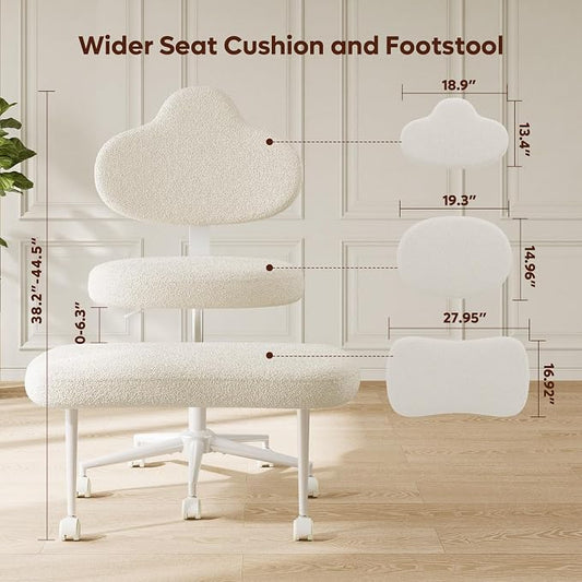 Pinmoco Cross Legged Office Chair with Wheels, Meditation Chair, ADHD Chair for Adults, Wider Height Adjustable Backrest and Seat, Yoga Office Chair, Teddy Fabric, Off White