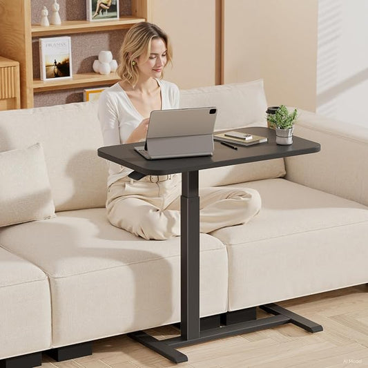 GTPLAYER Small Standing Desk with Hidden Wheels, Pneumatic Mobile Rolling Laptop Desk, Adjustable Height Overbed Bedside Table Computer Workstation for Home Office (32" W x 16" D, Black)