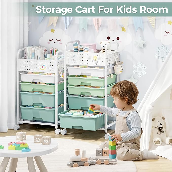 4 Drawer Rolling Storage Cart with Pegboard Top and Hooks, Mobile Organizer Cart with Wheels for Office Supplies, Craft Storage, Classroom Organization, Home Utility Cart, Gradient Green