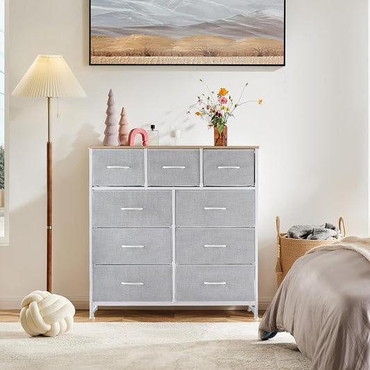 DUMOS 9 Drawer Dresser for Bedroom, Fabric Storage Organizer with Sturdy Metal Frame, Wooden Top Chest of Drawers for Closet Entryway Guest Room,Light Grey