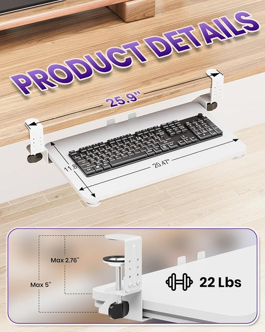 Ergonomic Mouse & Keyboard Tray Under Desk, Pull Out with Adjustable C-clamp, 20 (25.9 Including Clamps) x 11.8 Inch Slide Out Computer Keyboard Drawer Mouse Tray for Typing, White