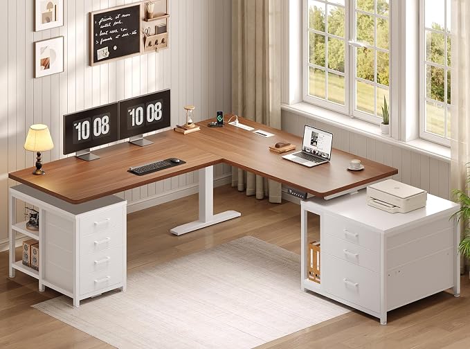 SEDETA L Shaped Electric Standing Desk with 7 Drawers, 63"×55.1" Height Adjustable Stand Up Desk with Power Outlets, 28.3"-47.2" Sit Stand Desk with Storage Shelves, 3 Memory Presets, White + Brown