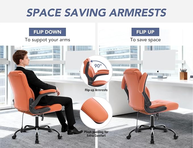 Office Chair with Adjustable Inflatable Lumbar Support,Leather Ergonomic Computer Desk Chair with Flip-up Arms,Adjustable Tilt Lock,Swivel Rolling Executive PC Chair for Work,Study,Meeting.Brown