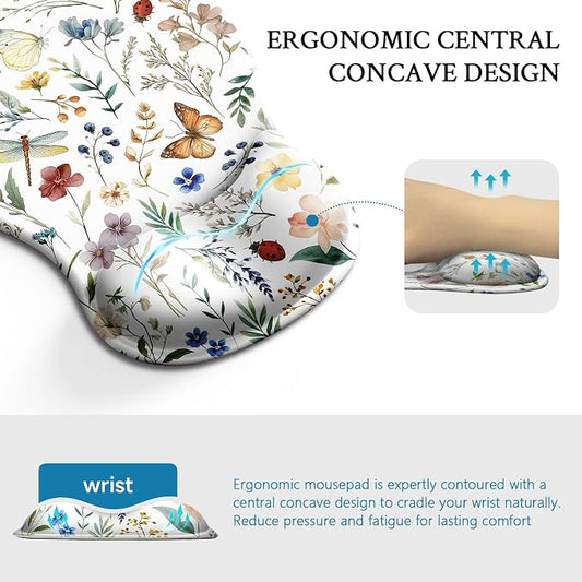 Flower Mouse Pad with Wrist Rest Ergonomic Mousepad Middle Concave Office | Butterfly Wrist Support for Women, Desk Accessories, Gaming, Work, Home, Non-Slip Base, for Wireless Mouse Computer Laptop
