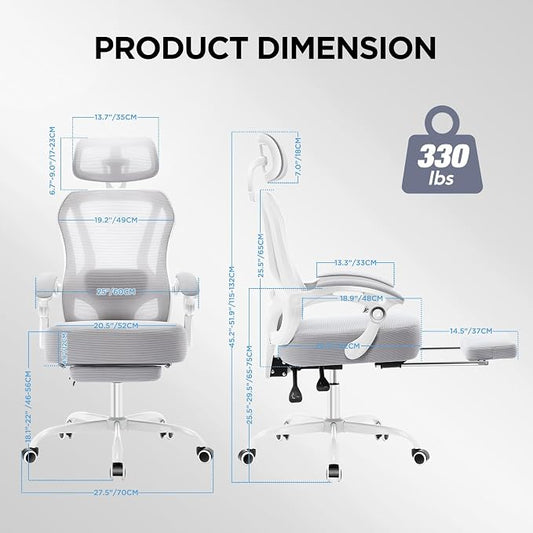 Ergonomic Office Chair with Footrest,Ultra Thick Reclining Office Desk Chair with Adjustable 2D Lumbar Support and Headrest,Spring Cushion,High Back Premium Mesh Computer Chair Office Chairs,Grey