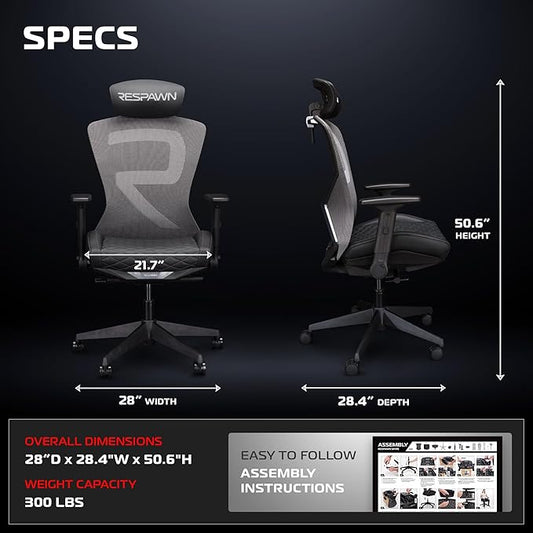 RESPAWN SPIRE Ergonomic Office Chair with Lumbar Support, Headrest, Adjustable Arms and Cooling Gel Seat Cushion, Comfy Breathable Mesh Seat for Home Office, High Back Reclining Gaming Chair - Black