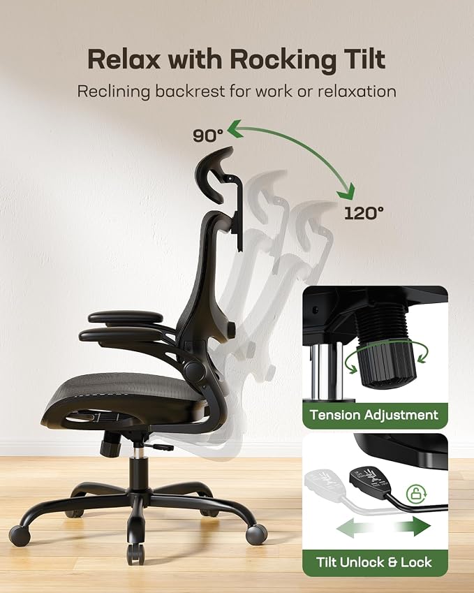 Marsail Ergonomic Mesh Office Chair High Back Home Office Desk Chair with Adaptive Lumbar Support, 2D Headrest, 3D Flip-Up Armrests, Height Adjustable and Rocking Tilt for Home Office and Gaming