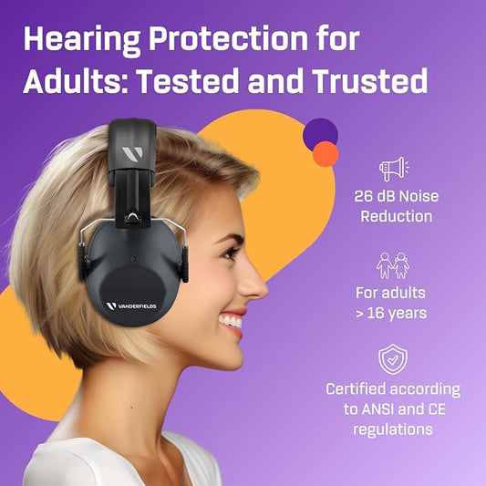 Vanderfields - Hearing Protection Ear Muffs - Over 31 dB (2K Hz) Broad Noise Cancelling Sound Reduction - Adults & Teens