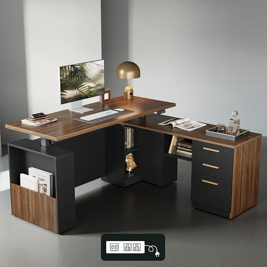 ModernMate Office Furniture Set, 63" L Shaped Standing Desk with File Cabinet, AC/USB, Office Desk Set with 73" Book Shelf, Home Office Furniture Sets, Black Walnut