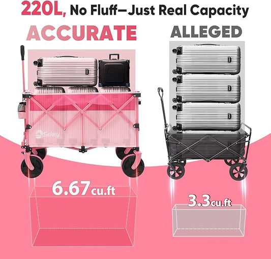 Sekey 220L Wagons Carts Foldable with Big All-Terrian Beach Wheels, Collapsible Heavy DutyWagon with Cup Holders, Extra Large Folding Wagon,Foldable Wagon for Camping, Garden, Sports.Pink