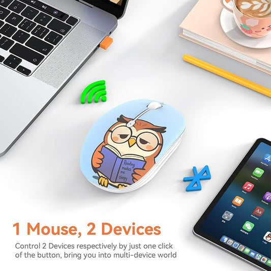 FMOUSE Cute Cartoon Wireless Mouse, 2.4G Bluetooth Dual Mode, AA Battery Powered, Silent Ergonomic Mice for Kids Students Office Workers Laptop PC Mac iPad (Sleepy Book Owl)