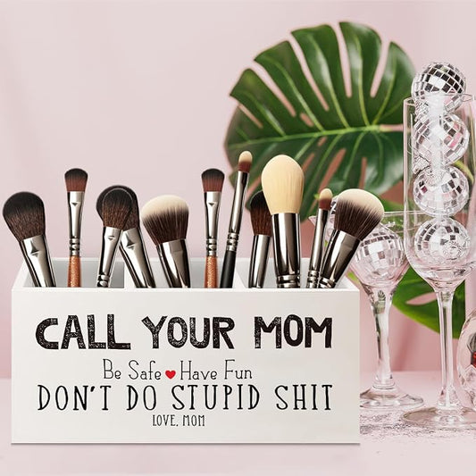 Funny Call Your Mom Wooden Pen Pencil Holder for Office Desk Accessories, Gifts for Freshman Son Daughter College Students Makeup Brush Toothbrush Holder Organizer for Bathroom