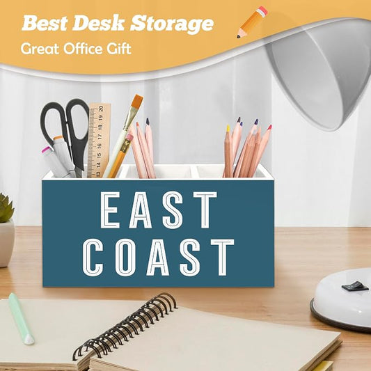 Coastal East Coast Pen Holder Organizer for Desk Accessories, Blue Beach Coastal Cowgirl Wooden Box Sign Desk Decorations for College Girls Dorm Beachy Room Decor, East Coast Decor