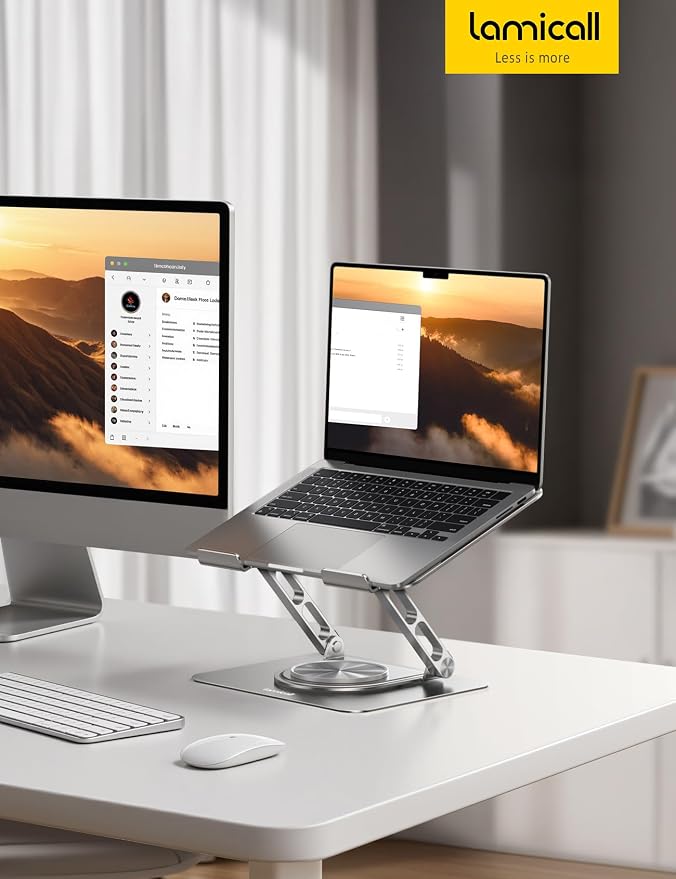 Lamicall Adjustable Laptop Stand for Desk - 360° Rotating Base Ergonomic Computer Stand, Aluminum Laptop Riser Foldable Protable for Office Home fits MacBook Neo Air Pro, Dell, HP (10-17.3'') -Sliver