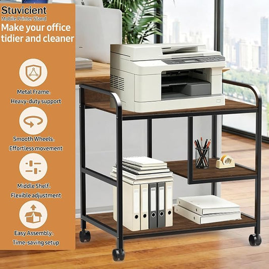 Printer Stand Large Storage for Office: Sturdy Steel Frame Mobile and Printer Table with Adjustable Storage Shelf - Easy Installation and Stability Design Table with Wheels for Scanners Paper File