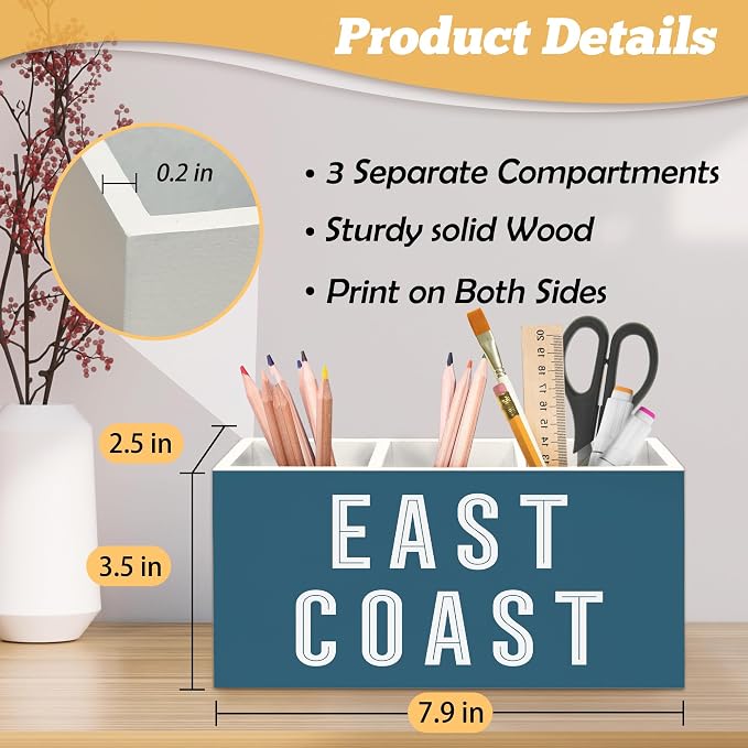 Coastal East Coast Pen Holder Organizer for Desk Accessories, Blue Beach Coastal Cowgirl Wooden Box Sign Desk Decorations for College Girls Dorm Beachy Room Decor, East Coast Decor