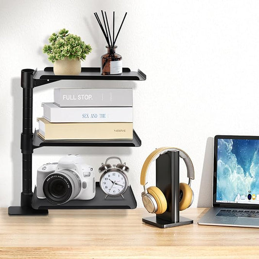 3 Tier Clamp On Desk Shelf,360° Rotatable Adjustable Above or Under Desktop Organizer,Carbon Steel Storage Tray for Home Office and Gaming Accessories(Black)