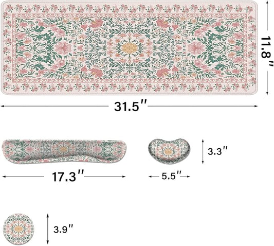 Desk Pad and Keyboard Wrist Rest, Large Mouse Pad + Keyboard Pad+Mouse Wrist Support, Non-Slip Desk Mat Protector for Office, Home 31.5×11.8 Inches Pink Floral