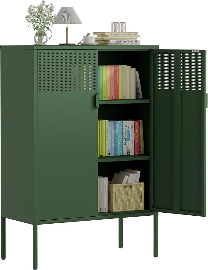 2 Mesh Door Metal Storage Cabinet with Adjustable Shelves, 3 Tier Steel Office Storage Cabinet 47''H Multipurpose Green Storage Cabinet, Metal Locker Storage Cabinet for Office, Home, Hallway