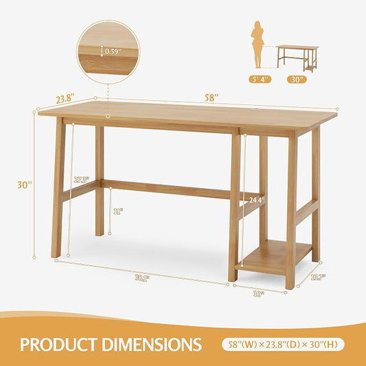 NELYE Solid Wood Computer Desk - 58" W x 24" D Sturdy Computer Workstation with CPU Stand,Modern Minimalist Table for Home Office, Oak