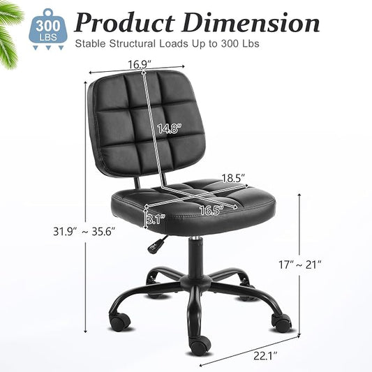 VINGLI Compact Small Desk Chair, Cute Armless Chair with Wheels, Vanity Chair with Low Back, Height Adjustable Task Chair for Small Spaces, Office, Bedroom, Make Up Room, PU Leather, Black