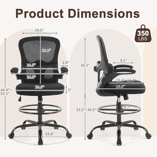 Karl home Ergonomic Drafting Chair, Black | Lumbar Support, Flip-Up Armrests, Adjustable Height Footrest Ring, Breathable Mesh, Tall Swivel