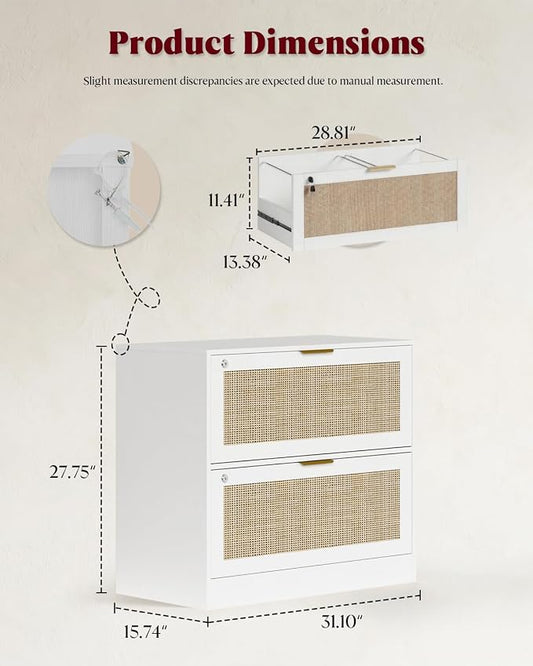 HOPUBUY 2 Drawer File Cabinet with Lock, Printer Stand Lateral Filing Cabinets for Home Office and School, Wood Rattan File Cabinet for Hanging Files/Letter/Legal/A4/F4 Size, White