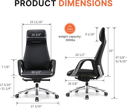 EUREKA ERGONOMIC Serene Executive Office Chair, Premium Nappa Leather High Back Boss Chair with Aluminum Base, Ergonomic Chair with Lumbar Support & Recline, Heavy Duty for Long-Hour Comfort, Black
