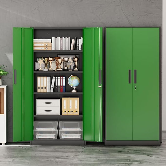 INTERGREAT Storage Cabinet with Doors and Shelves, Metal Garage Storage Cabinets with Lock, Black Lockable Steel Supply Cabinet for Home Office, Warehouse (Black Green)